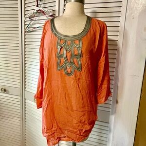 Embroidered Scoop-Neck Orange Women's Tunic Top